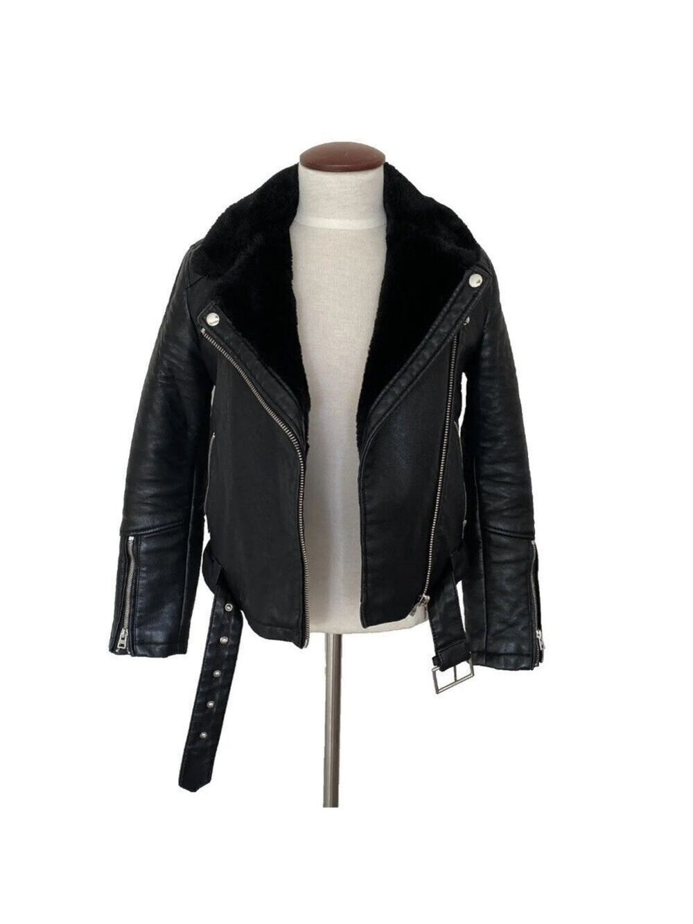 Topshop Vegan Leather Faux Fur Trim Moto Jacket Black Womens US 4 Petite
